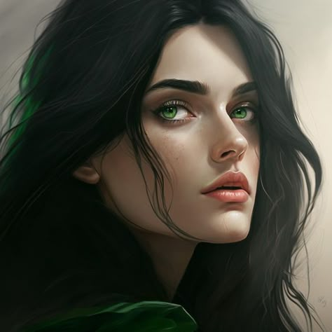 Black Hair Green Eyes Girl, Brunette Green Eyes, Brown Hair Female, Black Hair Green Eyes, Brown Hair Green Eyes, Girl With Green Eyes, Female Elf, Seni Dan Kraf, Girls With Black Hair