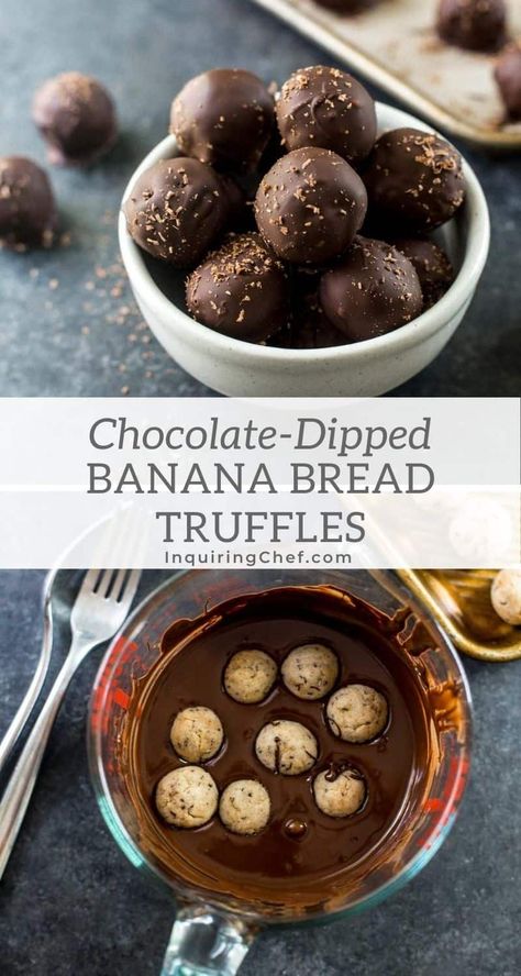 Banana Cake Pops, Banana Bread Balls, Banana Pudding Truffles, Chocolate Dipped Oat Balls, Chocolate Dip Bananas, Banana Dipped In Chocolate, Banana Bread Cake Pops, Banana Truffles, Banana Bread Truffles