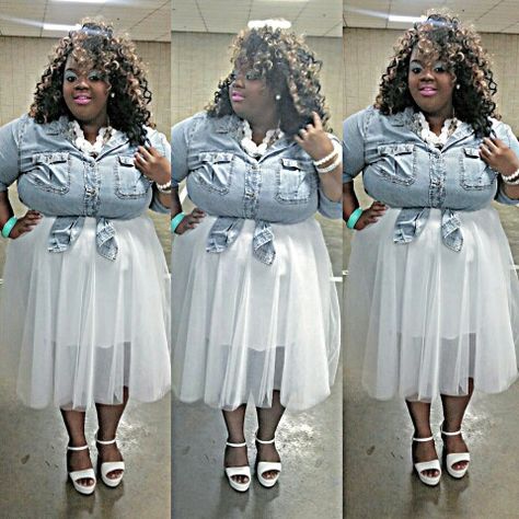 Plus size fashion: Denim button down & white tutu Follow me on IG for more plus size fashion @victim0fbeauty (the o is a zero) ;) Denim And White Plus Size Outfits, White Tutu, Denim Button Down, Plus Size Fashion, Plus Size Outfits, Harajuku, Follow Me, Plus Size, White