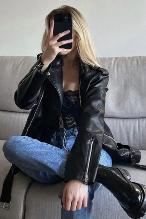 Biker Style Aesthetic, Leather Jacket Biker Outfit, Leather Jacket All Black Outfit, Biker Jacket Dress Outfit, Leather Jacket School Outfit, Leather Jacket Corset Outfit, Cropped Leather Jacket Outfit Aesthetic, Black Leather Jacket Outfit Women Fashion Ideas, Leather Jacket And Corset Outfit