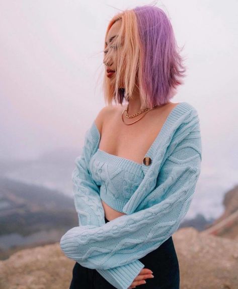 Pastel Money Piece Hair, Lilac Hair Money Piece, Light Blue Money Piece Hair, Purple Hair With Lilac Money Piece, Blue Money Pieces, Money Piece Ideas, Pastel Purple Money Piece Hair, Blue Money, Money Piece Hair