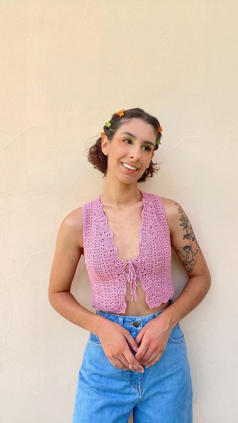 Crotchet Tie Front Top, Crochet Tied Top, Crochet Top Large Bust, Crochet Open Front Top, Crochet Tie Front Vest Pattern, Layered Crochet Top, Front Tie Top Crochet, Side Tie Crochet Top, Front Tie Crochet Top Pattern