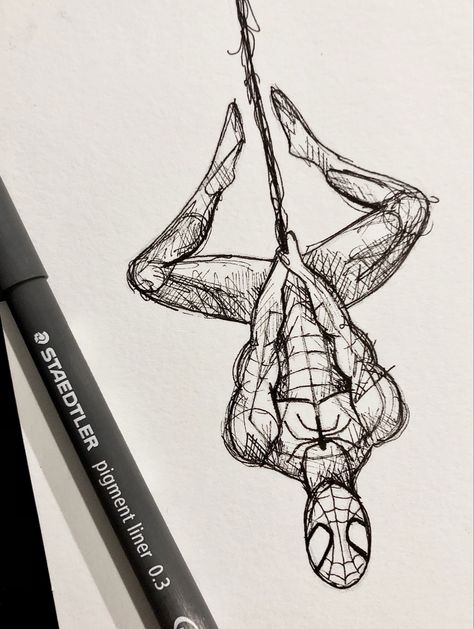 Spiderman City Drawing, Spiderman Drawing Upside Down, Spider Man Hanging Upside Down Drawing, Spiderman With Headphones Drawing, Spiderman Pen Drawing, Marvel Spiderman Drawings, Spiderman Line Art, Sketches Spiderman, Bi Drawing