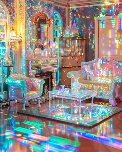 Better late than never! Swipe to see interior. Theme : DollHouse for @brickclock #febshuffle24 #Dollhouse #dollhousechallenge #iridescent #IridescentArt #ShinyHouse #beautiful Iridescent Bedroom, Fantasy World Illustration, Iridescent Interior, Neon Gods, Iridescent Decor, Glitter Room, Rv Interior Remodel, Beautiful Bathtubs, Ocean Room