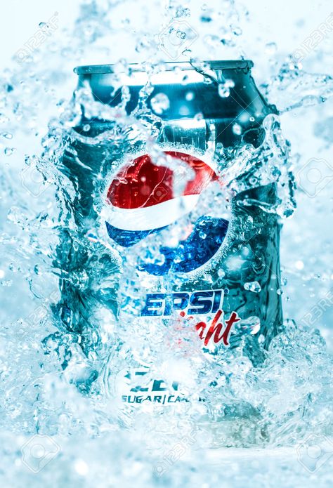 MOSCOW, RUSSIA-APRIL 4, 2014: Can Of Pepsi Cola Lignt In Water.Pepsi.. Stock Photo, Picture And Royalty Free Image. Image 33230366. Pepsi Photography, Pepsi Can Aesthetic, Old Pepsi Ads, Pepsi Can, Pepsi Blue, Pepsi Commercial, Cola Wars, Soda Drink, The Last Drop