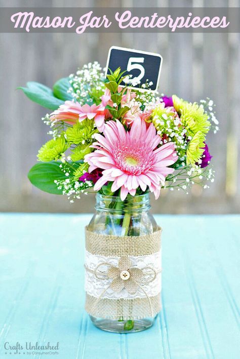 40+ Best DIY Mason Jar Flower Arrangement Ideas and Designs for 2021 Mason Jar Flower Arrangements, Lace Mason Jars, Mason Jar Centerpiece, Deco Champetre, Jar Centerpieces, Mason Jar Flowers, 90's Birthday Party, Simple Elegant Wedding, Simple Centerpieces