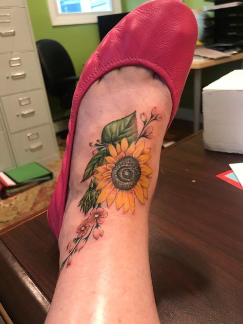 Sunflower Foot Tattoos, Ankle Tattoo Cover Up, Tattoos To Cover Scars, Sunflower Tattoos, Sunflower Tattoo, Tattoo Cover-up, Ankle Tattoo, Foot Tattoos, Cover Up Tattoos