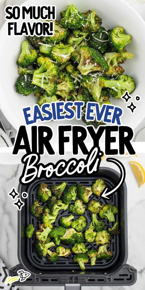 Our easy recipe for crispy Air Fryer Broccoli is made with seasoned florets, air fried to perfection. A quick, nutritious, and delicious side dish for any meal!rn Best Broccoli Recipe Air Fryer, Air Frying Broccoli, Air Fryer Parmesan Broccoli, Best Air Fryer Broccoli, Baked Broccoli Air Fryer, How To Air Fry Broccoli, Roasting Broccoli In Air Fryer, Broccoli Air Fryer Recipes Fresh, How To Cook Broccoli In Air Fryer