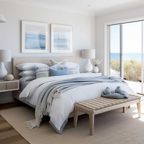 Coastal Modern Master Bed, Hampton Style Bedroom, Hampton Bedroom Ideas, Hamptons Style Bedrooms, Miami Apartments, Townhouse Bedroom, Bedroom Styling Ideas, Hampton Bedroom, Bedroom Staging