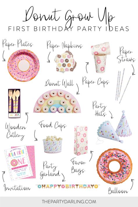 A collage of donut party supplies and decorations for a donut birthday party. From pink donut plates to a pattern of donut napkins, cups, and favor bags, and colorful sprinkle straws and party hats, you'll be able to decoration a fabulous donut party. Don't forget to add a rainbow donut wall so guests can enjoy delicious donuts. Two Sweet Donut Party 2nd Birthday, Donut 2nd Birthday Party Girl, First Donut Birthday Party, Sweet One Donut First Birthday Decorations, Donut Birthday Party Backdrop, Birthday Party Donut Theme, Donut Grow Up First Birthday Decorations, 1 Year Donut Birthday, Simple Donut Party Decor