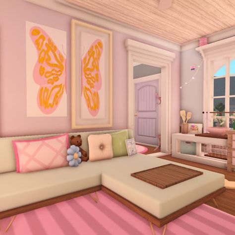 Bloxburg Girl Room Ideas, Bloxburg Preppy House, Sala Bloxburg, Bloxburg Town Layout Small Plot, Preppy Bloxburg, Bloxburg Decor, Bloxburg Rooms, Preppy House, Blox Burg