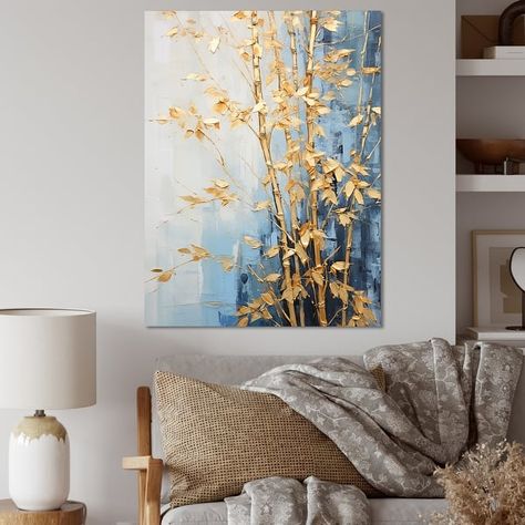 Plaster On Canvas, Bamboo Wall Art, Painting Teacher, Blue Bamboo, Wall Art Bed, Gold Painting, Canvas Painting Tutorials, Bamboo Wall, Gold And Blue