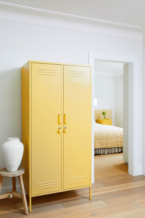 Maximise your wardrobe space and create additional clothing storage with The Twinny locker in the new shade Butter. Butter is a pastel with depth and a decadent take on the classic French Provincial colour. Create a soft and cosy space with this mellow yellow that is surprisingly rich.   #mustardmade #mustard #lockers #storage #furniture #homeorganisation #homestorage #wardrobe Mustard Made Locker, Millennial Grey, Gray Bed, Mustard Made, Wardrobe Space, Inside Doors, Pretty Storage, Colorful Storage, Armoires & Wardrobes