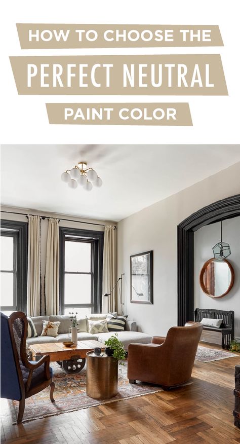 A classic neutral paint color never goes out of style. In fact, Taupe Tease by Behr Paint adds a lot of excitement to this mid-century modern living room. A warm shade of gray with hints of brown, this color pairs beautifully with dark trim and wood floors. Click below to see more from Tim, at Apartment Therapy. Wood Floors Living Room, Dark Wood Floors Living Room, Grey And Brown Living Room, Dark Wood Trim, Warm Wood Flooring, Brown Living Room Decor, Living Room Wood Floor, Warm Home Decor, Neutral Paint Color