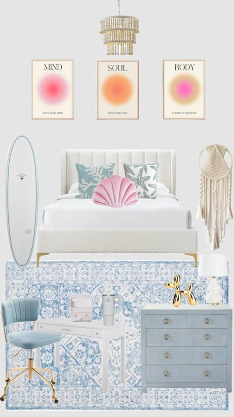 Palm Beach Preppy Bedroom, Beachy Boho Preppy Bedroom, Preppy Costal Bedroom Ideas, Beachy Rugs Bedroom, Pink And Blue Costal Bedroom, Light Blue Preppy Room, Beachy Girly Bedroom, Preppy Bed Decor, Beachy Glam Bedroom