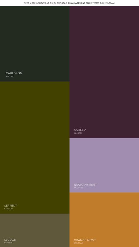 Halloween inspired color palette for design projects, moody color inspiration purple Aesthetic Halloween Color Palette, Purple Fall Palette, Dark Green Purple Color Palette, Dark Color Pallets Colour Schemes, Dark Fall Palette, Color Pallets 4 Colors, Dark Rich Color Palette, Spooky Color Scheme, Gothic Color Scheme