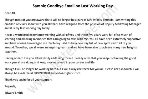 Simple Goodbye Email on Last Working Day. Tips to write a last working day farewell email.goodbye email sample Professional Goodbye Email, Farewell Mail To Colleagues, Last Day Work Quotes, Last Working Day Office Message, Goodbye Messages For Coworkers, Goodbye Speech To Colleagues, Goodbye Notes To Coworkers, Last Day At Work Goodbye Message, Last Day At Work Goodbye Email