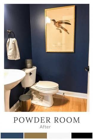 Navy Powder Room Ideas, Navy Blue Powder Room, Blue Powder Room Ideas, Navy Powder Room, Fun Powder Room Ideas, Small Powder Room Decor, Tiny Utility, Small Dark Bathroom, Blue Powder Rooms