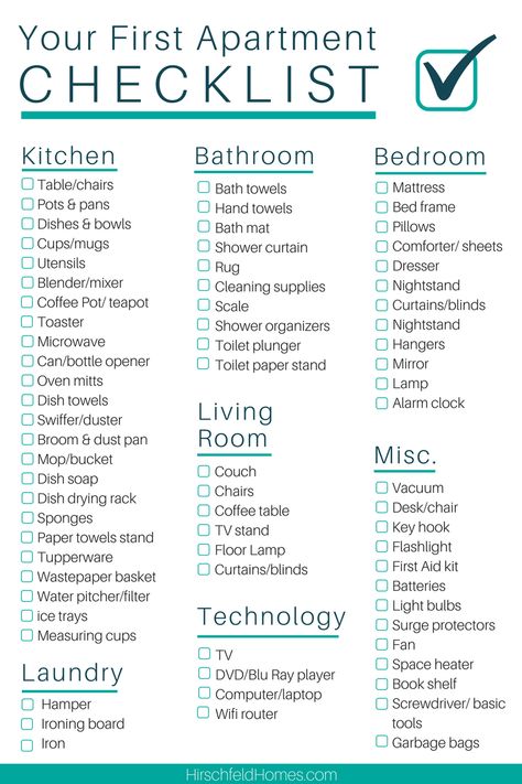 The Ultimate First Apartment Checklist | Hirschfeld Renting Tips, Apartment Essentials List, New Apartment Checklist, Apartment Livingroom, First Apartment Tips, New Home Essentials, First Apartment Essentials, New Home Checklist, First Apartment Checklist