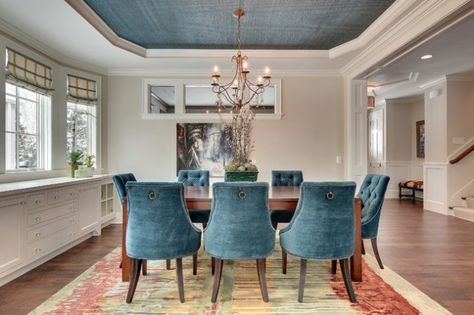 Tray Ceiling Wallpaper, Recessed Ceiling Ideas, Tray Ceiling Dining Room, Coffered Tray Ceiling, Dining Room Tray Ceiling, Ceiling Wallpaper Ideas, Tray Ceiling Ideas, Craftsman Dining Room, Blue Velvet Dining Chairs