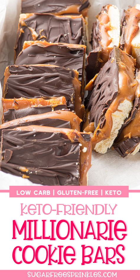 A tray filled with shortbread squares with gooey caramel topping and wavy dark chocolate. Millionaire Squares, Keto Salted Caramel, Millionaire Bars, Low Carb Brownies, Keto Bars, Keto Candy, Shortbread Bars, Keto Treats, Keto Baking