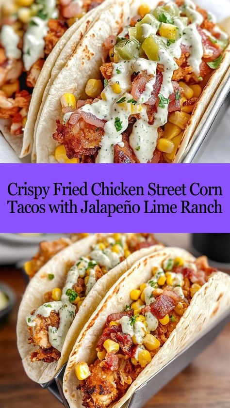 Take taco night to the next level with Crispy Fried Chicken Street Corn Tacos! These crunchy bites are packed with flavor and drizzled with a mouthwatering jalapeño lime ranch. 🌮🔥🍋 #TacoNightUpgrade #CrispyFriedChicken #StreetCornLove #JalapenoLimeRanchDelight #TacoPerfection #FlavorExplosion #ZestyTacos #StreetFoodMagic #CrunchyAndZesty #FoodieGoals 🌶️🌮 Tacos Crunchy, Chicken Street Corn, Street Corn Tacos, Corn Jalapeno, Bacon Taco, Fried Chicken Taco, Corn Tacos, Chicken Pickle, Mexican Brunch