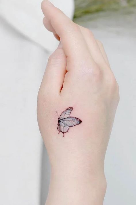 Butterfly Tattoo Thumb, Butterfly Neck Tattoo, Side Hand Tattoos, Thumb Tattoos, Tattoo Design For Hand, Butterfly Hand Tattoo, Hand Tattoos For Girls, Hand And Finger Tattoos, Cute Hand Tattoos