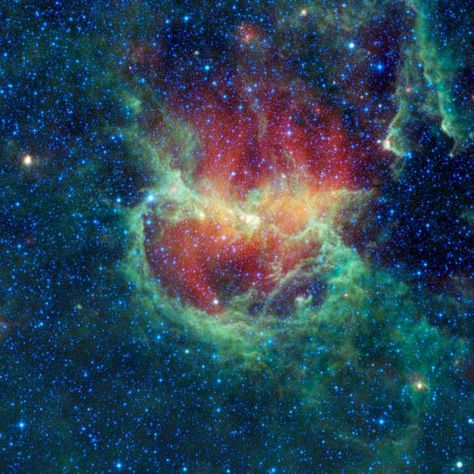 This infrared image from NASA's Wide-field Infrared Survey Explorer, or WISE, shows the Lambda Centauri nebula, a star-forming cloud in our Milky Way galaxy, also known as the Running Chicken nebula. The nebula, cataloged as IC 2944, is about 5,800 light-years from Earth. - http://www.jpl.nasa.gov/spaceimages/details.php?id=PIA13451 Running Chicken, Nasa Telescope, Gravity Waves, Alpha Centauri, Star Cluster, Space Photos, E Mc2, Milky Way Galaxy, Space Pictures