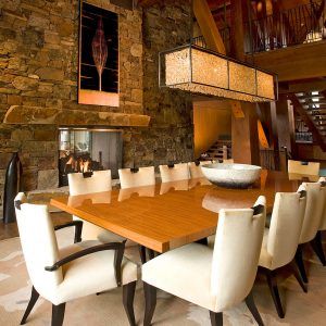 Four Peaks Ranch, Snowmass, Colorado | Leading Estates of the World Moss Rock Fireplace, Rock Fireplace, Neutral Dining Room, Dining Room Fireplace, Rock Fireplaces, American Interior, Luxe Interiors, Cabin Design, Interiors Design