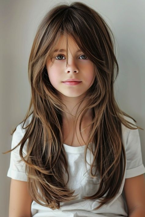 Kids Hair Cuts Girls Long, Kids Side Bangs Haircut, Haïr Cut For Medium Hair Girl, Hair Cuts Girls Long, Girl Layered Haircut Kids, Girls Haircut Long Hair, Long Girls Haircut, Kids Layered Haircut Medium, Girls Hair Cuts 2024 Trends