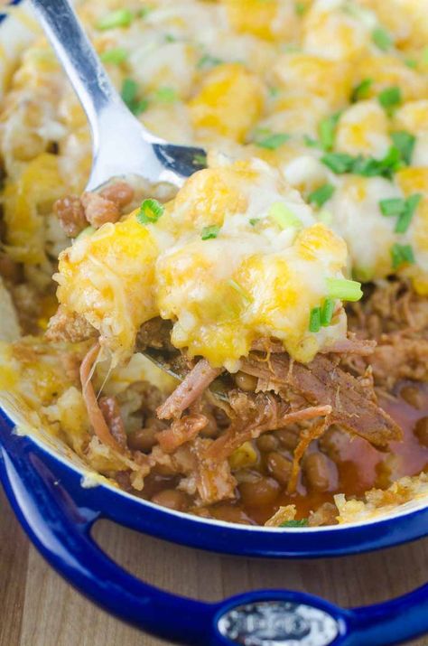 Quick and easy Pulled Pork Tater Tot Casserole is loaded with baked beans, pulled pork and two cheeses. It's perfect for busy weeknights. Bbq Pulled Pork Casserole, Pull Pork Casserole, Pulled Pork Casserole Leftover, Shredded Pork Tater Tot Casserole, What To Do With Left Over Bbq Pulled Pork, Pulled Pork Casserole, Pork Hash Recipe, Pulled Pork Enchiladas, Pulled Pork Leftover Recipes