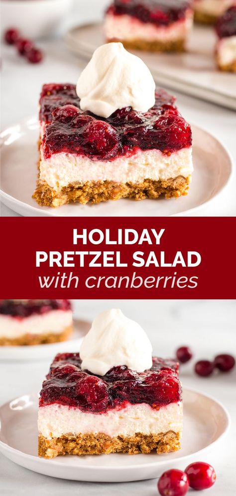 squares of cranberry pretzel salad with whipped cream Pretzel Salad Dessert, Whipped Cheese, Holiday Pretzels, Pretzel Desserts, Cranberry Dessert, Strawberry Pretzel Salad, Pretzel Salad, Strawberry Pretzel, Jello Desserts