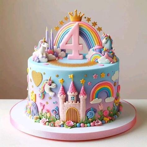 Unicorn Cake Design, Food To Share, Unicorn Birthday Party Cake, Kid Cakes, 4de Verjaardag, Rainbow Unicorn Cake, Anniversaire Diy, 4th Birthday Cakes, Artistic Ideas