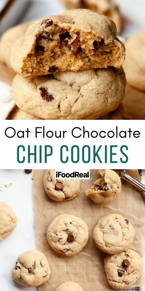 Oat Flour Chocolate Chip Cookies Easy Oat Flour Cookies, Oat Flour Chocolate Chip Cookies Healthy, Cookies Made With Oat Flour, Chocolate Chip Cookies With Oat Flour, Tapioca Flour Cookies, Oat Flour Sugar Cookies, Oat Flour Desserts, Oat Flour Chocolate Chip Cookies, Flourless Oatmeal Cookies