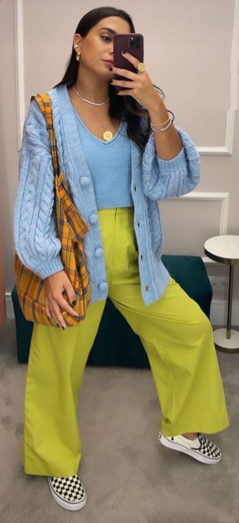 Citrus Color Outfits, Chartreuse Blazer Outfit, Neon Green Cardigan Outfit, Fashion Inspo Colorful, Neon Yellow Pants Outfit, Kiwi Inspired Outfits, Lemon Green Pants Outfit, Colorful Dressy Outfits, Chartreuse Outfit Ideas