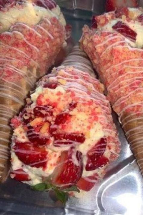 Cream Cheese And Strawberry Stuffed Waffle Cones, Strawberry Cheesecake Stuffed Cones, Cheesecake Waffle Cone Recipe, Waffle Cone Cheesecake, Sweet Treat Ideas To Sell, Cheesecake Filled Waffle Cones, Waffle Cone Desserts, Strawberry Cheesecake Cones, My Pins Saved Boards Recipes Desserts