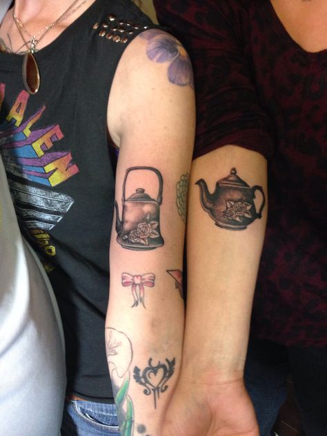 Pot calling the kettle black! Pot And Kettle Tattoo, Tea Kettle Tattoo, Kettle Tattoo, Pot Calling The Kettle Black, Teapot Tattoo, Couples Tattoo, Friendship Tattoos, Dream Tattoos, Exterior Decor