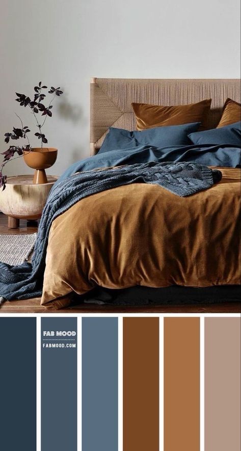 Navy Gray Brown Bedroom, Navy Blue Beige Bedroom, Navy Taupe Bedroom, Brown And Blue Decor, Navy And Brown Color Palette, Blue And Brown Interior Design, Light Brown Walls Bedroom, Earthy Blue Bedroom, Blue And Copper Bedroom