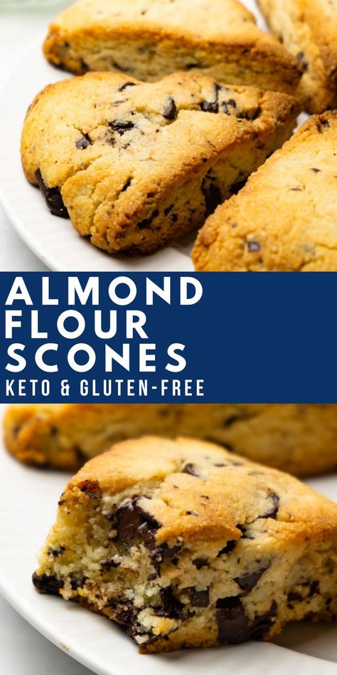 Almond flour scones with chocolate chips on a white plate. Almond Flour Scones, Almond Flour Desserts, Galletas Keto, Pan Keto, Healthy Cakes, Healthier Treats, Gluten Free Scones, Healthier Sweets, Keto Dishes