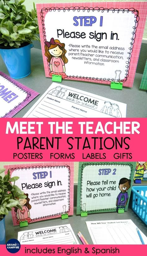 Manage Meet the Teacher Night with ease using the parent stations in this editable classroom kit. Includes 10 important parent forms, parent procedure signs and table tents so parents know what to do while you meet new students. Includes both English and Spanish version ideal for Kindergarten 1st, 2nd, and 3rd grade classroom teachers. #backtoschool #meettheteacher #parentfoms #classroommanagement #openhouseideas #meettheteacherideas Turtle Classroom, Parent Teacher Communication, Meet The Teacher Night, School Open House, Meet The Teacher Template, School Forms, Teacher Templates, Back To School Night, Table Tents