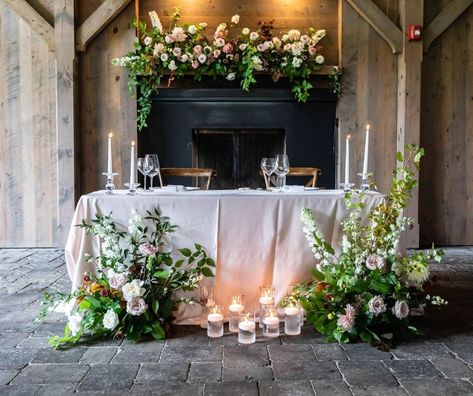 Sweetheart Table Fireplace, Sweetheart Table In Front Of Fireplace, Sweetheart Table Wedding Fireplace, Langdon Hall, Garden Themed Wedding, Wedding Sweetheart Table, Wedding Fireplace, Flower Runner, Table Fireplace