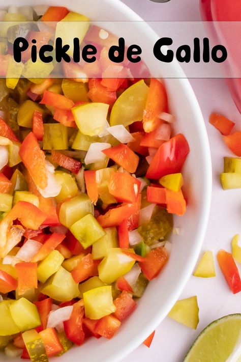 Add a tangy twist to your salsa game with our irresistible Dill Pickle Salsa recipe! This pickle de gallo is bursting with flavor and perfect for snacking. When it comes to pickle recipes and pickle snack ideas, this is it! via @cmpollak1 Pickle Salsa Recipe, Fill Pickle Dip, Rotel Salsa, Fickle Pickle Recipe, Pickle Salsa, Dill Pickle Pico De Gallo, Open Kettle Pickles, Pig Recipes, Comfort Food Appetizers