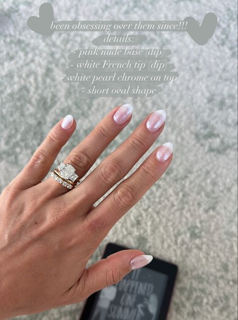 Nail Inspiration Bridesmaid, Engagement Nails Sns, Short French Tip Acrylic Nails Chrome, Short Almond Nails Chrome French Tip, Rounded Bridal Nails, Short Oval Bridal Nails, French Tip With Sparkle Top Coat, Engagement Nails Oval, French Dip Wedding Nails