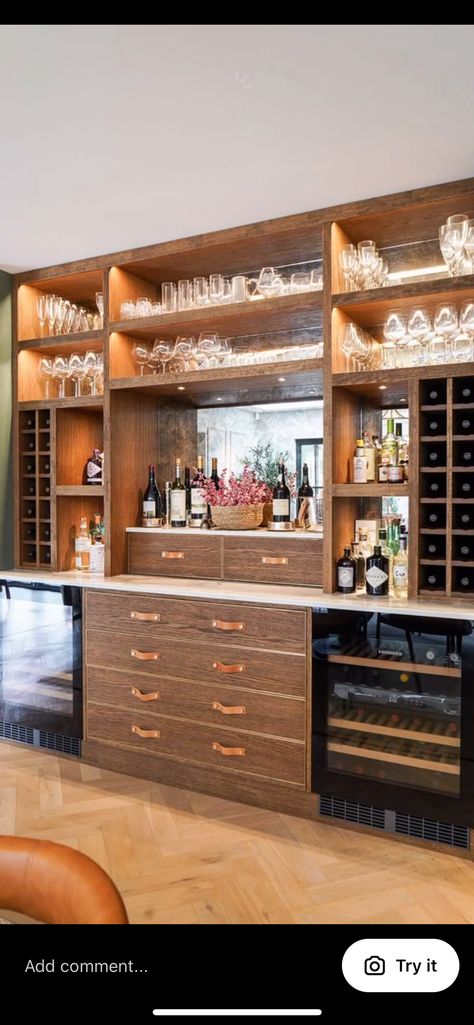 Wet Bar Ideas In Living Room, Modern Wet Bar, Mixing Drinks, Living Room Built Ins, Built In Bar, Wet Bars, Wine Room, Wet Bar, Wine Cellar