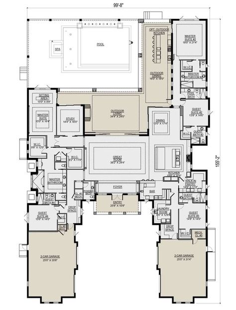 Beachfront Bliss: Coastal House Plans for Your Oasis Luxury House Floor Plans, U Shaped House Plans, One Level House Plans, Multigenerational House Plans, House Floorplan, Multigenerational House, 6 Bedroom House Plans, 5 Bedroom House Plans, Coastal House Plans