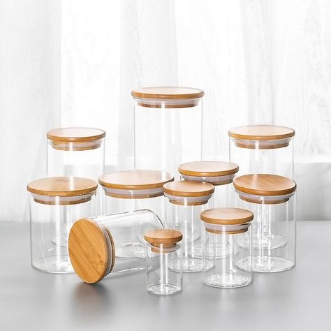 Multiple sizes glass transparent borosilicate food storage jar with lid Glass Jar With Wooden Lid, Coffee Jars, Glass Spice Jars, Glass Jars With Lids, Clear Glass Jars, Jar Storage, Glass Storage Jars, Glass Jar Candles, Glass Food Storage