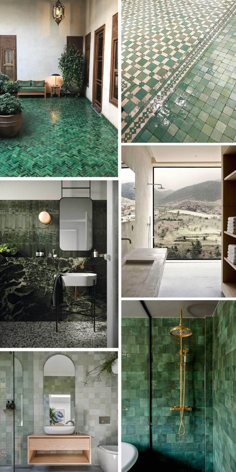 Moroccan Shower Room, Green Moroccan Bathroom, Moroccan Bathroom Design, Blue Green Tile Bathroom, Statement Bathrooms, Moroccan Tiles Bathroom, Modern Moroccan Bathroom, Moroccan Bathroom Ideas, Blue Green Bathroom