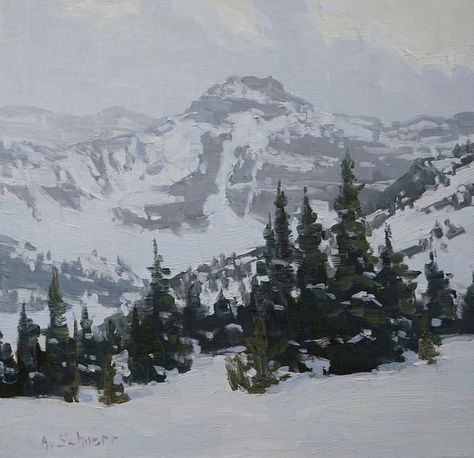 Winter Mountain Scene, Snowy Road Painting, Snowy Hills Painting, Winter Painting Aesthetic, Winter Impressionist Paintings, Snow Forest Art, Snowy Landscape Painting, Easy Winter Paintings, Winter Mountain Painting