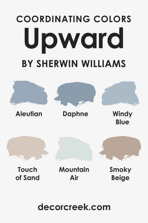 Upward SW-6239  Coordinating Colors by Sherwin Williams Sw Upward, Gray Paint Colors Sherwin Williams, Sand Paint Color, Sherwin Williams Blue, Blue Kitchen Walls, Moody Decor, Blue Gray Paint, House Color Palettes, Roof Colors