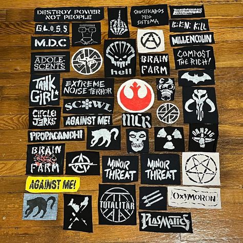 Jean Patches Ideas Punk, Crust Pants Diy, Ideas For Patches, Punk Rock Patches, Punk Symbols Meaning, Crust Patch Ideas, Battle Jacket Diy Punk Patches, Patch Ideas Clothing, Patch Design Ideas Punk